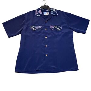 Dragonfly Mens Navy Blue Pin Up Girl Embroidered Bowling Shirt Floral Large